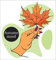 Yellow fallen maple leaf in female hand, autumn cozy mood concept, seasonal forest print. vector