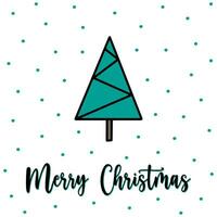 Geometric Christmas tree greeting card with Merry Christmas lettering. Hand drawn minimalist geometric Christmas tree, snowfall on background. Modern thin line Christmas tree in geometric style vector