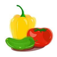 Yellow bell pepper with green tail and lying next to red tomato with green tail and green cucumber in watercolor style. Flares and shadows. Vector illustration of vegetables for salad. EPS10