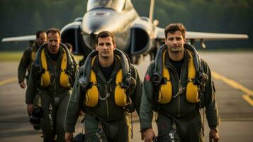 Unidentified pilots of Air Force take part in an exhibition at Airshow. photo