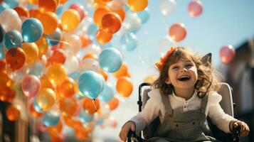 contento pequeño niña en silla de ruedas con vistoso globos al aire libre en un soleado día. foto