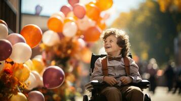 Cute little disabled boy in wheelchair with balloons outdoors on sunny day, closeup photo