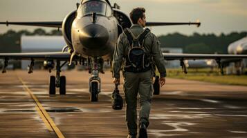 Low angle view of a male pilot walking away from an airplane at an airfield. photo