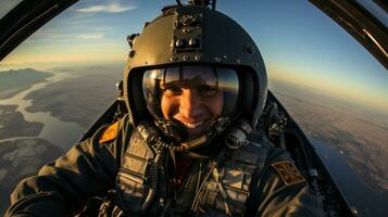 View from the cockpit of a pilot in a winged helmet. photo