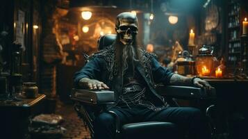 Portrait of a man with a skull in a barbershop. Hard core. photo