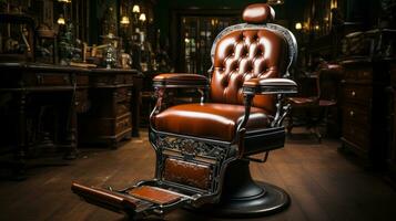 marrón cuero Barbero silla en un peluquería. lujo peluquería. foto