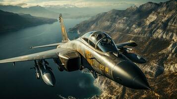 F-16 fighter jet in flight over the fjord. photo