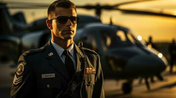 hermoso joven piloto en uniforme en pie en frente de helicóptero a puesta de sol. foto