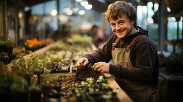 Portrait of a syndrome down boy in apron taking care of plants in greenhouse. photo