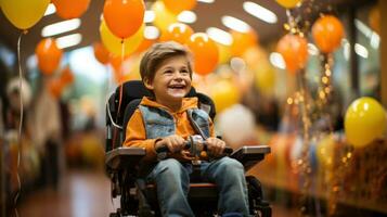Happy little boy in wheelchair with balloons at birthday party or carnival. photo