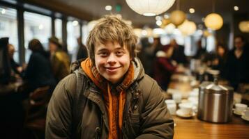 retrato de un síndrome abajo joven hombre en un cafetería. borroso antecedentes. foto