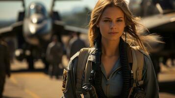 hermosa joven mujer en militar uniforme en el antecedentes de aviones foto