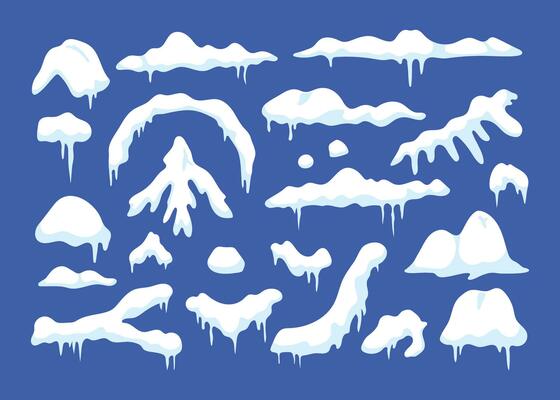 Set of snow caps, snowballs and drifts. Collection of snow caps vectors. Winter decor element. Snow items on a winter background. Cartoon illustration.