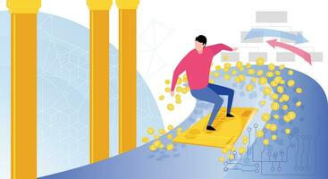 Vector illustration of the concept of cryptocurrency the use of Bitcoin digital money market online financing and investing in bitcoin and blockchain. New technology flat design