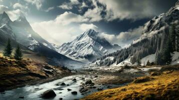 Fantastic winter landscape with mountain river and snow-capped peaks. photo