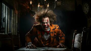 Portrait of a scary clown sitting at the table in a dark room. photo