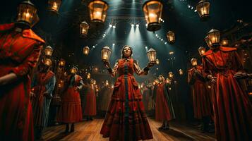 Mystical circus scene with ancient gothic woman in red dress with lanterns. photo