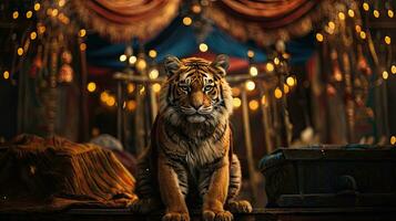 Tiger in the circus. Bokeh lights on background. photo