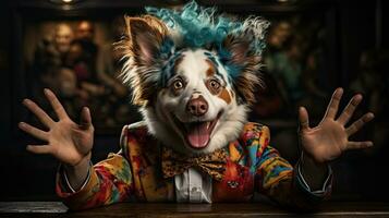 Funny dog man with blue hair in a colorful jacket. Mixed comic circus scene. photo