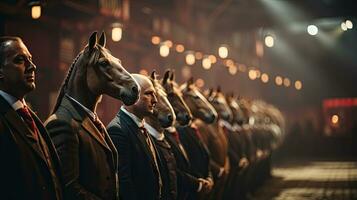 Conceptual image of group business people with horses head in a row standing in a stable. photo