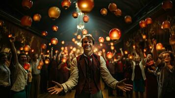 retrato de un joven hombre con linternas en misterioso circo escena. foto