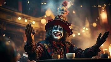 Crazy clown sit in table. Carnival circus concept. photo