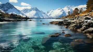 Mountain landscape, lake and mountain panorama. Alpine lake with crystal clear blue water and perfect blue sky. photo