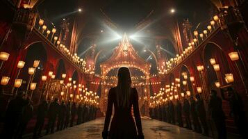 Woman athlette standing in front of circus stage before performance. photo