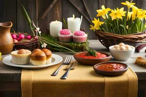 easter table with eggs, bread, and other food. AI-Generated photo