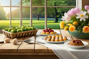 a table with a bowl of fruit and a plate of pastries. AI-Generated photo