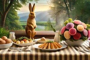 an easter table with eggs, flowers and a rabbit. AI-Generated photo