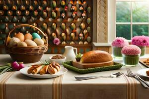 a table with a plate of eggs, bread and flowers. AI-Generated photo