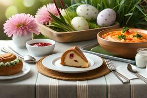 easter dinner with cake, fruit and vegetables. AI-Generated photo