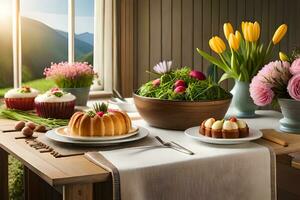 un mesa con pasteles y flores en él. generado por ai foto