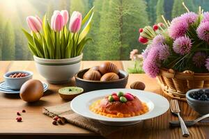 a table with a bowl of fruit, eggs and flowers. AI-Generated photo