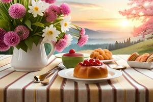 a table with a plate of desserts and flowers. AI-Generated photo