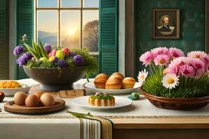 a table with flowers and eggs on it. AI-Generated photo