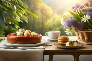 easter cake with flowers and eggs on a table in the woods. AI-Generated photo