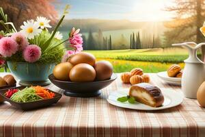 a table with eggs, bread and flowers on it. AI-Generated photo