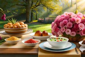 a table with food and flowers on it. AI-Generated photo