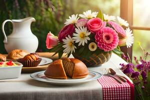 a table with a plate of muffins, a cup of coffee and a vase of flowers. AI-Generated photo