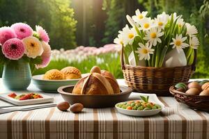 a table with flowers and food on it. AI-Generated photo