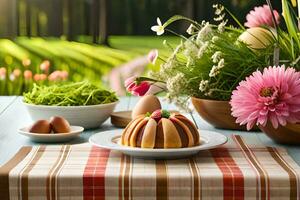 a table with a cake, flowers and eggs. AI-Generated photo