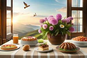 a table with food and flowers on it. AI-Generated photo