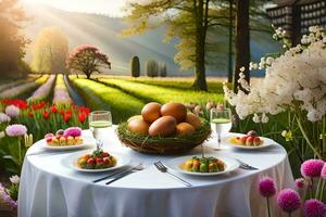 a table set for an easter dinner with eggs and flowers. AI-Generated photo