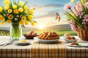 easter table setting with flowers and food. AI-Generated photo