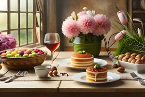 a table with cakes, fruit and flowers. AI-Generated photo