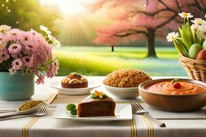 a table with food and flowers on it. AI-Generated photo