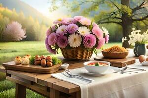 un mesa con flores y comida en él. generado por ai foto