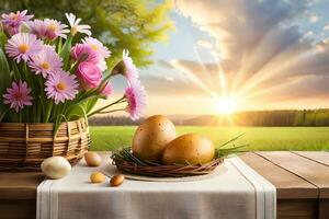 easter flowers and eggs in basket on table with sun setting. AI-Generated photo